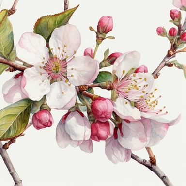 watercolour painting cherry blossom flowers close up clip art prunus cherry tree detailed flowers detailed bark and branches clipart on white background