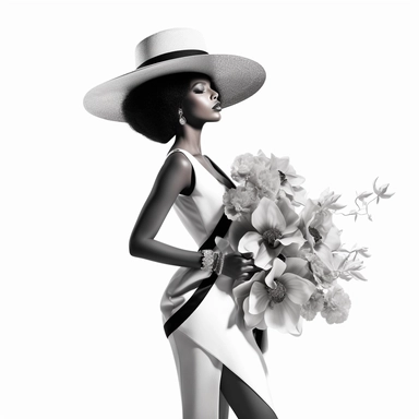Gorgeous African American Woman, Wearing A Big Hat With A Beautful Flowers On Them, Standing Stall With Black Shoes Black And White Clipart, HD, White Background