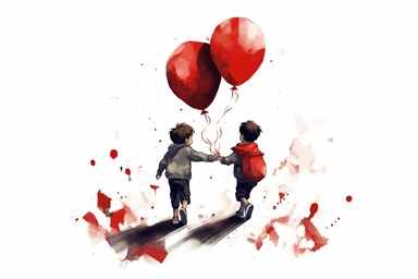 cute beutiful boy and boy holding hands, red half of the heart shape balloon geometric minimalist , valentine's day, top view, running in Tokyo, ink, Ghibli style, 8k, Leyka 35mm very detail clipart on white background space out 8k