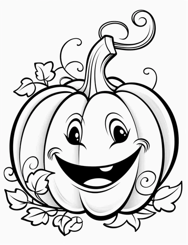 clipart cartoon happy carved pumpkin, leaf in the style of Pierre-Auguste Renior black and white child's coloring book, black and white smooth thick lines, solid white background, no background