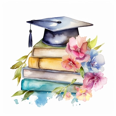 watercolour graduation cap on top of books with flowers clipart, white background, no text