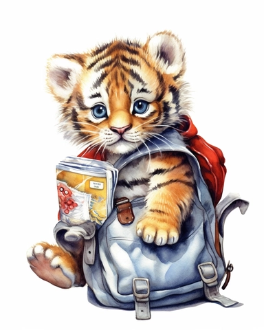 detailed watercolor Baby tiger with a school bag , hyper realistic, isolated on a white background, clipart