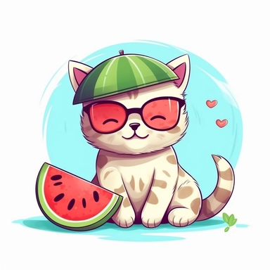 A cat wearing sunglasses and a watermelon slice.