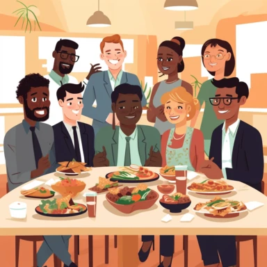 a multicultural lunch between coworkers where veryone brings a meal from their cultural origins. The image has a clear colored background and some white space on top of the image. The ethnicities must be equally divided in number. Everyone is dressed prof