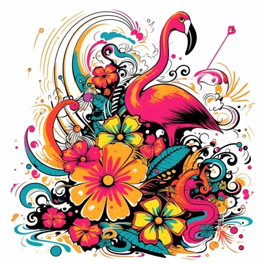 floral, no watermarks, whacky vignette, vector retro summer clipart, bright neon colors, happy feeling, white background, smiley, flamingo, palm tree, wave, flower, thick black contour lines , cartooney, in the style of ed roth