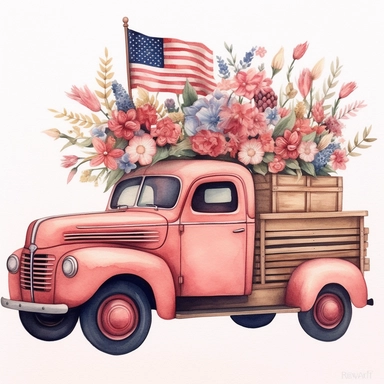 Create an illustration of a vintage truck adorned with elements reminiscent of the 4th of July celebration. The illustration should be in the style of dreamy watercolor florals, inspired by the works of artists like Vytautas Kairiukstis, Villagecore, Kathrin Longhurst, and Christian Schloe. The color palette should predominantly feature white and pink, with a touch of flower power. The aspect ratio of the illustration should be 3:2. Be sure to include vintage truck clipart in your design, and do