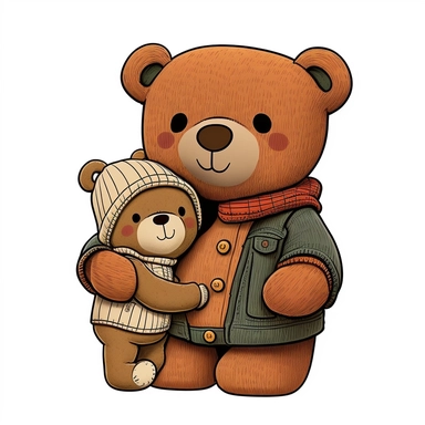 happy cute teddy bear with baby bear in arm, Clipart, southpark style, white background, no text , no caption, no watermark
