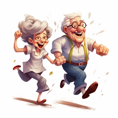 Cartoon funny grandpa and grandma running illustration clipart, detailed, white background, illustration painting, digital art, 8k, hd, watercolor