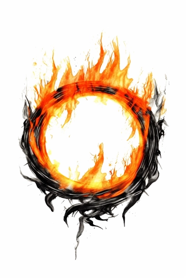 basic, simple, understated, Black only ink line clip art of a stunt burning ring with translucent orange flames on a white background, showing the duality between good and evil, embattled, fortitude, Intricate, Vibrant, Symbolic Style of art: Embroidery design in the art style of David Choe black line painting: embroidery in the style of craft and artistry , jane crowther, and David Choe, whimsical black line art, anastasiya dobrovolskaya, constantin brancusi, hopi art,