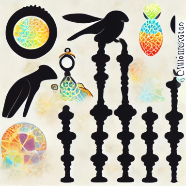 1 keyhole silhouette on white background, sacred geometry embellishments, stone texture, marketing clipart detailed engravings, 1 colorful parrot holding rolled up scroll, style in halftone comic book illustration