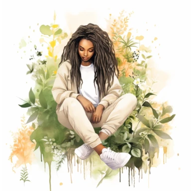 llustration of black woman, with locs, surrounded by plants, boho modern aesthetic, cottagecore, avacadopunk, florals, soft pastel tones, comfortable shoes, flawless line work, watercolor, flat, low detail, clipart, white background