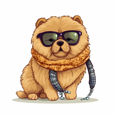 cute funny kawaii Chow Chow Puppy with Balenciaga sunglasses and cool necklaces or scarf, cute illustration, clipart, white backgound, Cuttable Design,full body