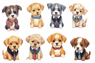 9 sets of a cute baby puppies Munchkin, smile,round face,round head,Wearing a tie,different poses,different breeds, clipart, isolated on white background, spaced out,