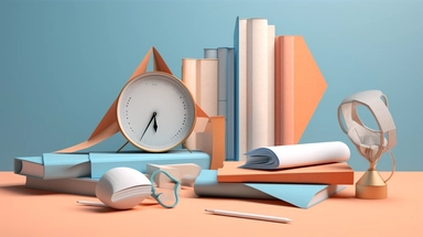 book, paper plane, paper clip, magnifying glass, magnifying glass, clock, 3d rendering, education concept, 3d, in the style of light azure and orange, sculptural ceramics, atey ghailan, website, piles/stacks, subtle color palette, mid-century