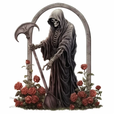 Grim Reaper hold the scythe, standing next to the tombstone, and roses Sublimation Clipart, Illustration clipart, 4K, extremely detailed, isolated on white background
