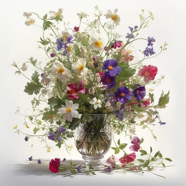 a simple gorgeous vase of mixed wildflowers and flowers with green foliage on white background clipart, deep purple, emerald green, and ruby red color theme, watercolor painting realistic, high quality, vibrant, Vicente Romero Redondo, Willem van Aelst, Elsa Beskow