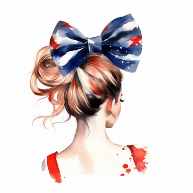 Watercolor messy bun girl with American flag bow clipart, white background