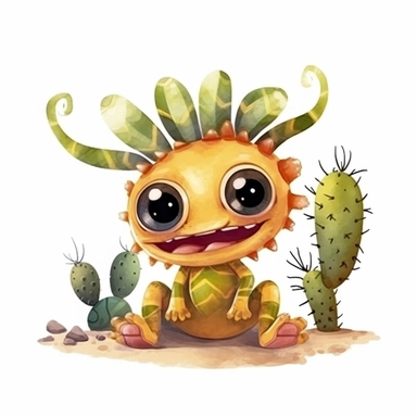 a baby scorpion with cute big eyes, happy smiling face, cute animal, adorable, playful atitude, adorable watercolor animal clipart with a few cactus and sand decor, no background, high quality