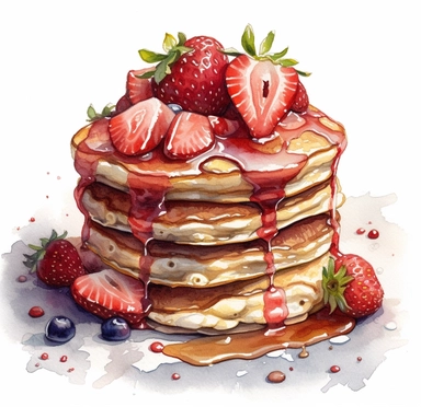 DESIGN A MAGNIFICENT AND EXQUISITE BREATHTAKING ONE-OF-A-KIND HIGH QUALITY HIGHLY DETAILED MASTERPIECE WATERCOLOR CLIPART ILLUSTRATION OF strawberry pancakes, in the style of hyper realism, animated gifs, piles/stacks, commission for, endurance art, WHITE BACKGROUND, NO FONT, NO TEXT, NO WORDS, NO WATERMARK