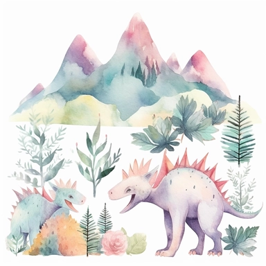 friendly, fluffy watercolor dinosaurs clipart, pastel colors, in the mountains, forest, separated, seamless, transparent background--AR 3:2