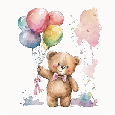 watercolor happdy teddy bear with a pink bow tie and pink balloons in his hand, clip art, white background, no caption