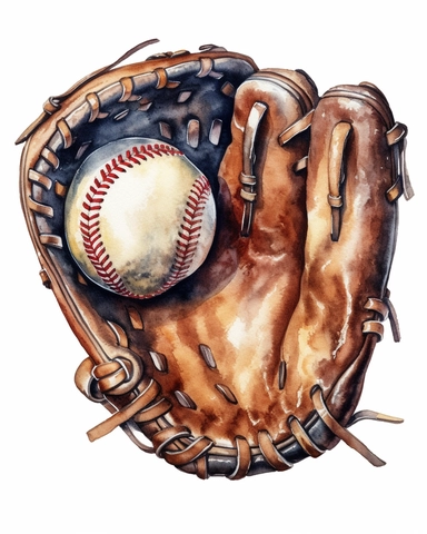 Baseball Glove with ball Watercolor Clipart, with the ball in the center of the Glove, highly detailed, white background 8k