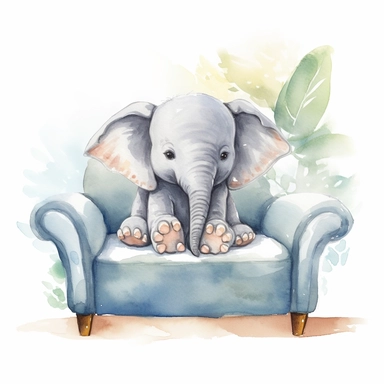 Create a watercolor illustration clipart of a playful cute Baby Elephant Sitting on cozy sofa, with its full body visible. Use soft, flowing brushstrokes and a warm, inviting color palette to create an image that is both charming and whimsical. Incorporate intricate details like the motion of Baby Elephant Sitting on cozy sofa to create a lifelike, realistic image. Can add other elements to the illustration like related item to play to create playful scene. Use white background to allow the wate