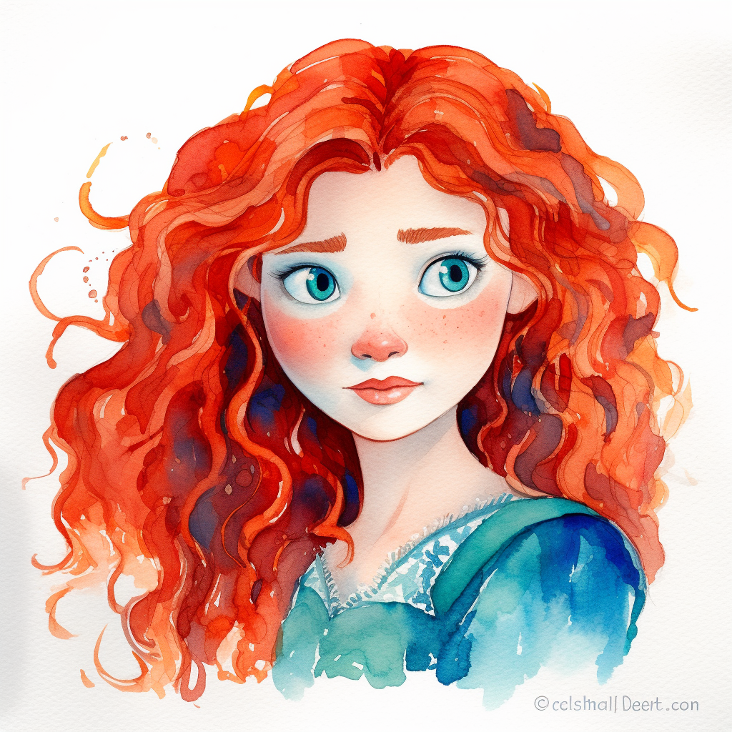 watercolor Scottish princess Merida, long, curly red hair, bright blue ...