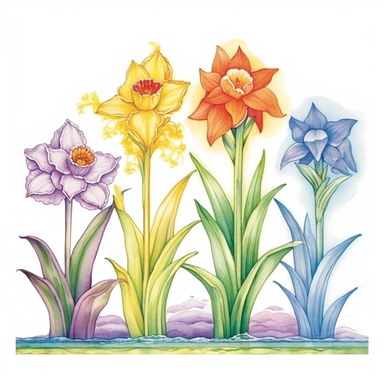 vibrant blossom of Interactive Light Art Patterns Grow Like Perfect Plants Craft an exquisite hand-drawn watercolor clip art image of a family gift niche adorned with birth flowers. Customize the image for a family of five: a March baby (Daffodil), a May baby (Lily of the Valley), a July baby (Larkspur), an October baby (Marigold), and a December baby (Poinsettia). Use soft pastel colors for the background, creating a gentle and serene atmosphere that complements the vibrant birth flowers. Pay a