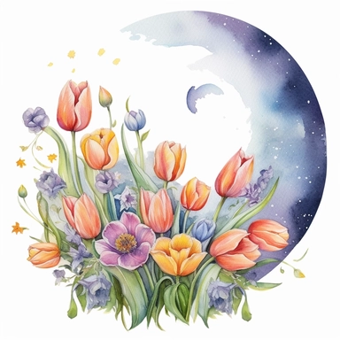 A tranquil scene featuring a moon designed from a cascade of colorful tulips clipart, white background, watercolor drawing