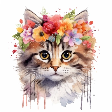 isolated clipart, cute cat with flowers on its head, highly realistic, flickr, watercolorist, uhd image, multi-layered mixed media