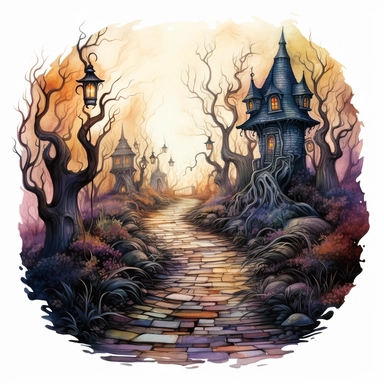 isolated illustration of a fantasy haunted path, eerie vibe, whimsical colors, watercolor illustration, high resolution clipart, isolated on white background