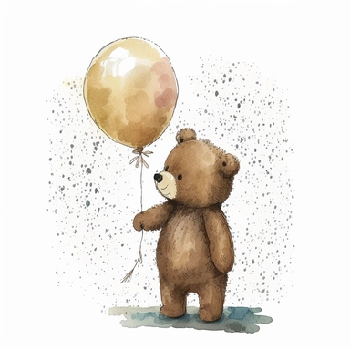 Watercolor brown fluffy jointed plain Teddy Bear standing and holding a balloon on a stick, clipart, happy, white back ground, no captions or text