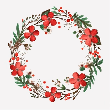 wood circle flower Christmas red green wreath, frame, and border. Greeting card, poster, banner with space for text CUTE STICKER Frealistic cartoon in 32K UHD cute. 15 cm thick outline. Black color. There was no shadow on the ground. 8k with realistic watercolors and detailed illustrations. PNG clipart, transparent white background