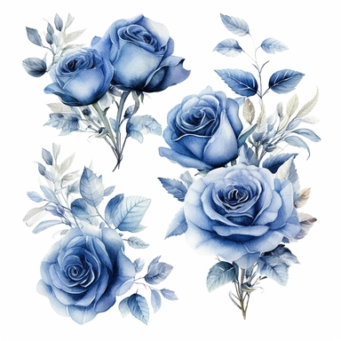 Design a stunning watercolor clipart of a bridal bouquet of blue roses, with high detail and isolated on a pure white background. Use a light touch to bring out the beauty of each rose, with fine details that showcase their unique textures and features. Select a color palette that enhances the beauty and elegance of the blue roses, while creating a sense of tranquility and serenity within the artwork. Create a composition that highlights the beauty of the bouquet, while maintaining a sense of ba