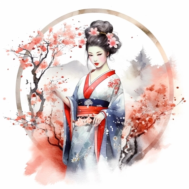 watercolor, white background, clipart, watercolor, white background, ultra-realistic and hyper-detailed clipart, 2d animation style, very beautiful confident Elegant geisha in a serene garden setting