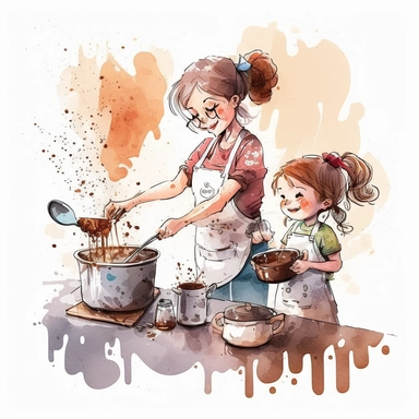 cartoon watercolor cute mother cooking with her girl, very detailed, clipart, modern style, white background, 8k--v 5--q 2