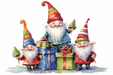 three cute adorable christmas gnomes by a christmass tree, a fourth gnome is climbing up a stack of presents, watercolor, red green, clip art