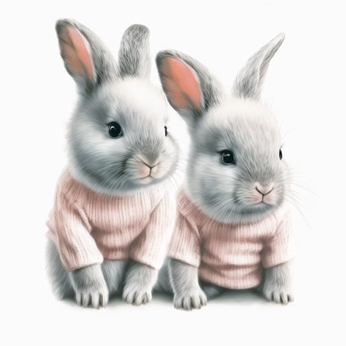 Cuddly rabbits with pink ears and gray fur hopping on a white onesie clipart white background