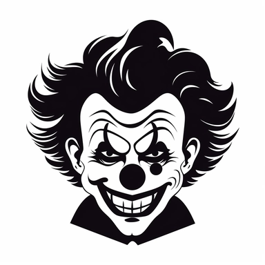 black and white silhouette of a scary halloween clown, clipart style, white background, thick lines, vector, simple design, flat colour, solid colour, halloweencore