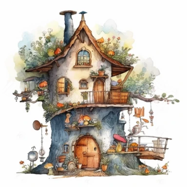 A detailed illustration watercolor clipart of a whimsical Interior shot, wooden home, tree trunk, beaver home, kitchen, dining, snails, childlike, colored style, watercolor style, illustration style, pencil drawing, watercolor illustration, sweet soft color, illustration style a combination of Beatrix Potter and Tove Jansson, isolated on white background with margins, cut - out images