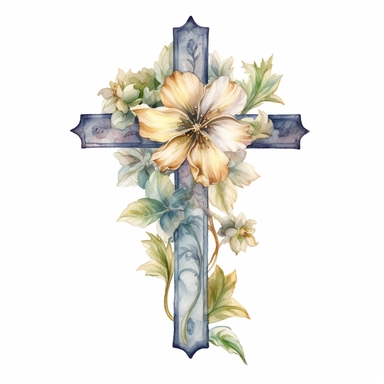 Watercolor sketch of floral cross, natural single design, highlydetailed, clipart style, white background, 8k