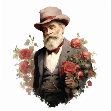 old victorian era, old man, painting, a small amount of red roses incorporated, vintage style colors, intricate details, elegance, charm, clipart, white background