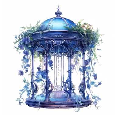 Blue highly detailed watercolor clipart, Enchanted gazebo with swirling vines and hanging lights, flowers, fantasy, highly detailed, fantasy cartoon illustration, different shades of blue, whimsical, UHD, 8K, 3D, solid white background