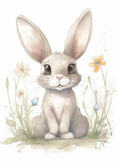 a super cute and frendly looking spring bunny, in the style of magali villeneuve, jon j muth, carl larsson,,smiling, with big eyes, dreamy world, closest to watercolor illustrations, soft color palette with ligh beige and gray, children's illustrations, solid white background, clipart