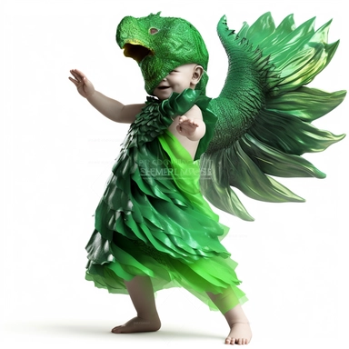 green baby girl Godzilla, looks like an alien, doing high step dance moves, wearing a designer dress made from Phoenix feathers , ultra high fashion, wearing ruby neck scarf, techno lighting, disney cuteness, plain white background, cutout clipart