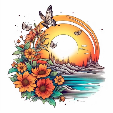 boho colored, rainbow sunset, with flowers, and butterflies, classic tattoo motif, clipart on white background, engraved line work, retro, borders