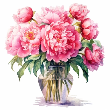 Bouquet of beautiful large pink peonies in transparent vase, standing in front of the the french door open to the french south of france garden, clipart, watercolor Illustration, Sublimation graphics, by Beatrix Potter, single design, print on demand image, PNG transparent background, white background, 8k