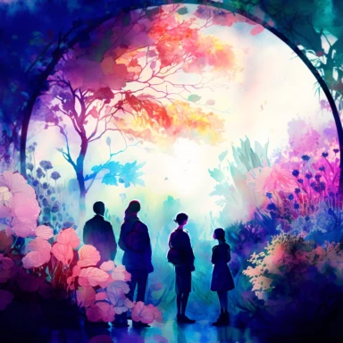 holographic spring flower garden with people looking at flowers. watercolor clipart. The garden is illuminated by natural light, creating a calming and inviting atmosphere. The colors are magnificent and beautiful, with vibrant shades blending together seamlessly. The composition shows a wide view of the garden, with a variety of holographic flowers in bloom and people walking around, admiring the beauty of nature. It's a stunning and serene scene that captures the essence of spring and the joy 