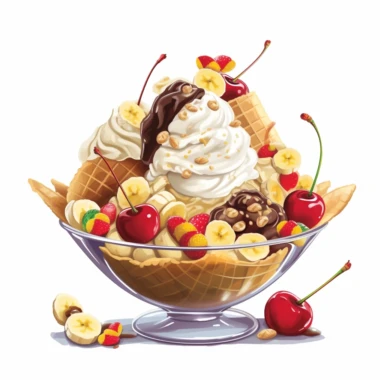clipart banana split with lots of scoops of ice cream nuts, toppings